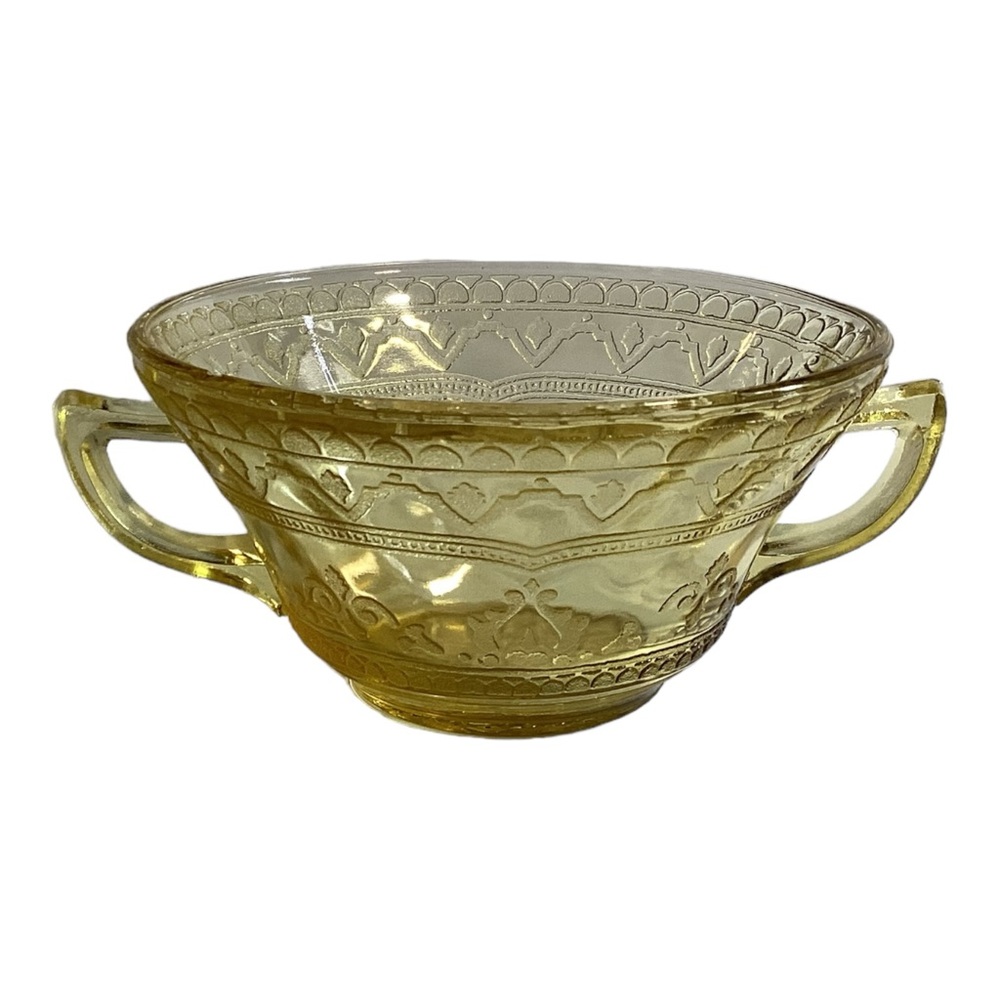 Federal Glass  Patrician Spoke Amber Yellow Double Handled Soup Bowl Vintage